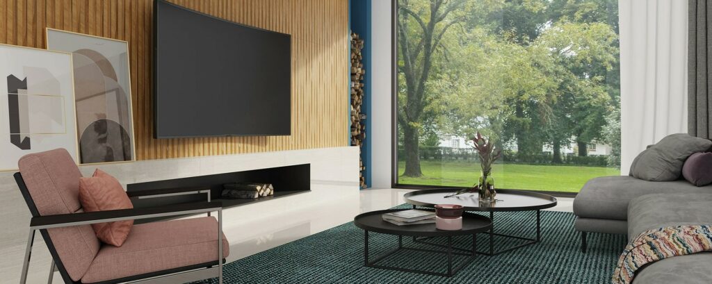 5 Dicas para Escolher Sofá Retrátil e Modelos Inspiradores 8 Paralelo Wood aplicado no painel de TV desta sala – Foto: Ceusa