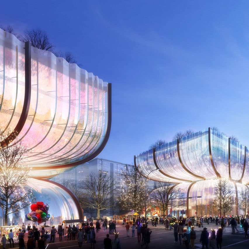 5 razões para conhecer o arranha-céu residencial mais alto do mundo. 2 Centro comercial Hanwha Galleria projetado pelo Heatherwick Studio, destacando sua fachada de vidro ondulado.