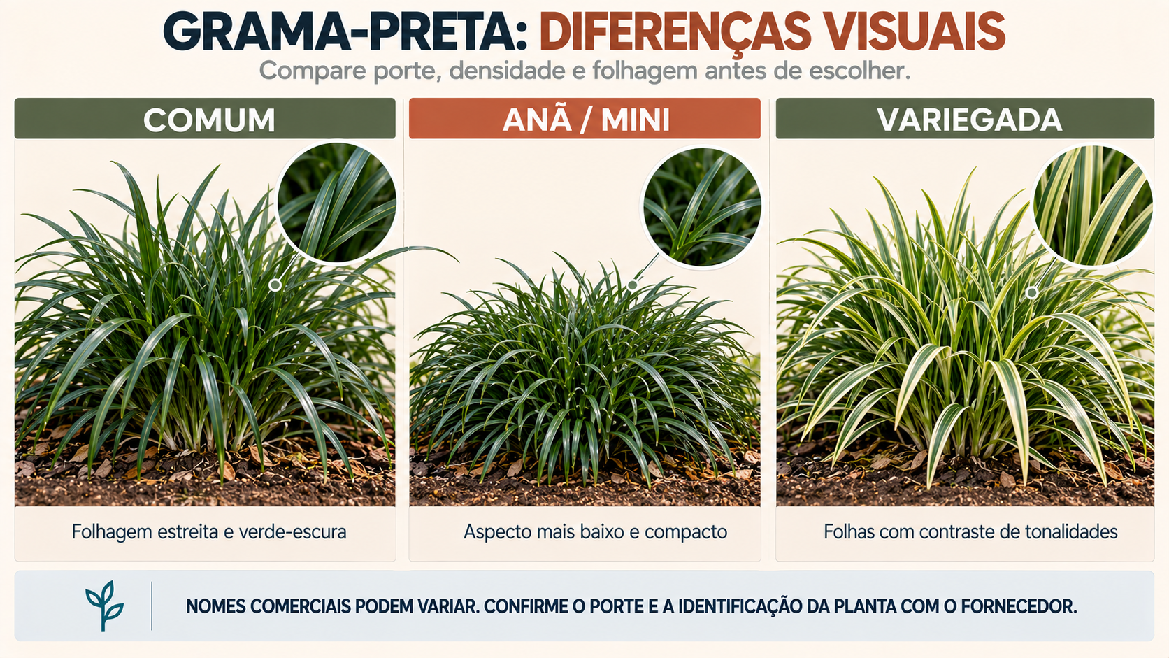 Grama Preta: Como Cultivar e Valorizar Seu Espaço Verde 2 Comparação entre grama-preta comum, anã ou mini e grama-preta variegada
