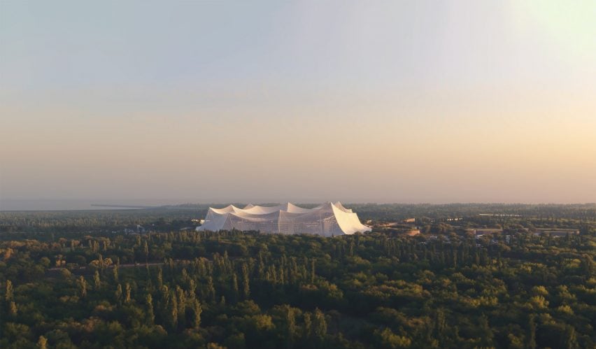 Grand Stade Hassan II: O Estádio Impressionante do Futuro. 2 Renderização do Grand Stade Hassan II, mostrando sua capacidade para 115.000 espectadores, planejado para a Copa do Mundo de 2030.