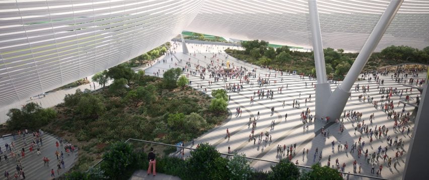 Grand Stade Hassan II: O Estádio Impressionante do Futuro. 3 Ilustração das entradas monumentais do estádio, que incluirão jardins botânicos.