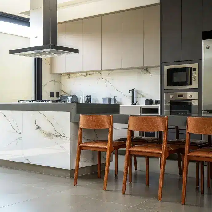 Cozinha com revestimento de porcelanato imitando mármore. Móveis na cor cinza. A bancada na cozinha deixa o espaço mais funcional e personalizado (Projeto: MF Arquitetos)