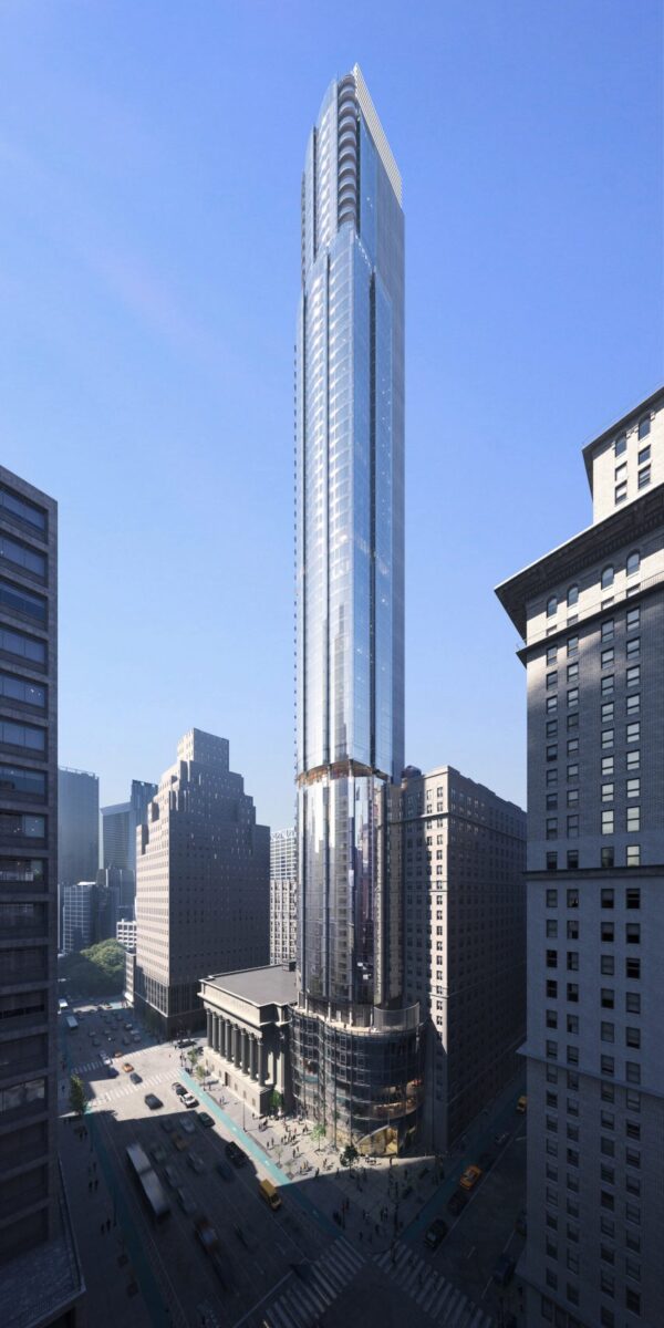 C3D Architecture inicia construção de impressionante arranha-céu em Manhattan. 2 Renderização do prédio, mostrando uma torre esbelta com fachadas de vidro.