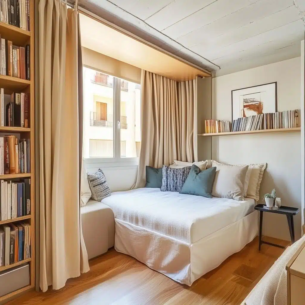 Decoração de ambiente pequeno com aproveitamento do espaço Quarto pequeno decorado com cama, estante, cortinas e cores neutras