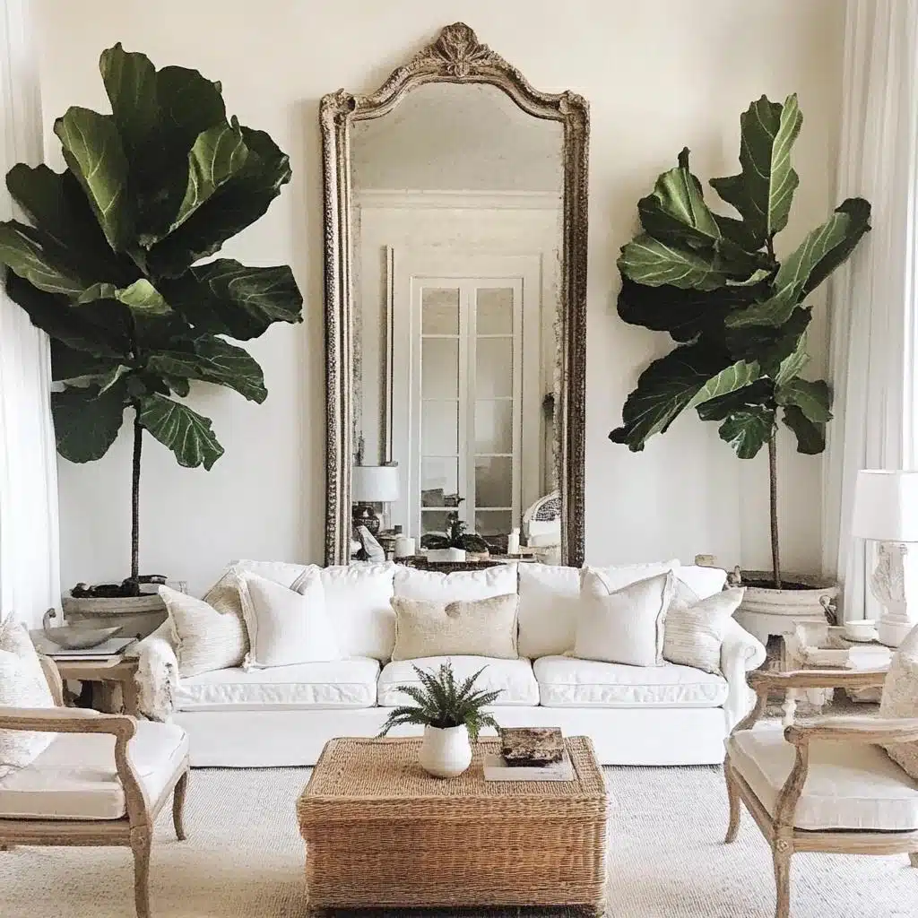 Uso de espelho na decoração da sala Sala clara com grande espelho vertical atrás do sofá e plantas nas laterais