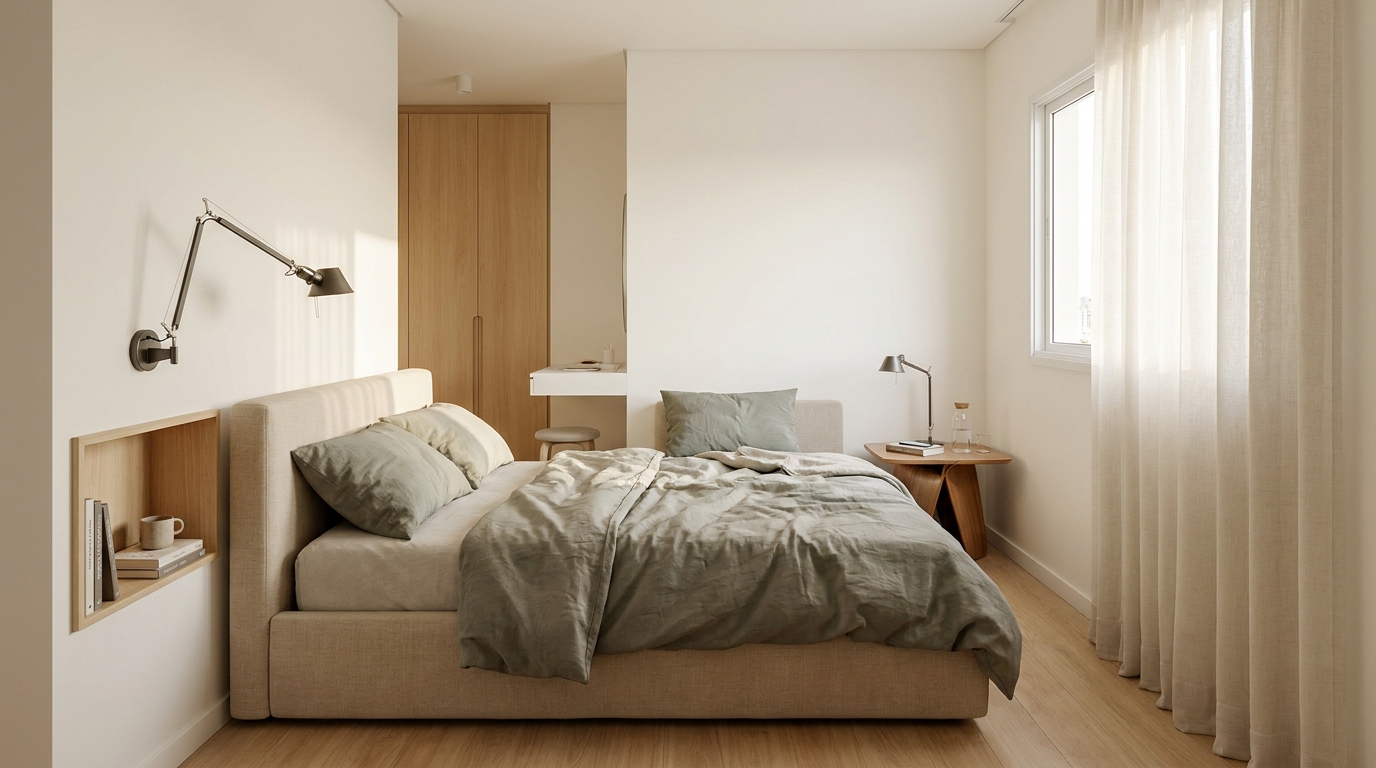 Quarto de casal pequeno: layout, medidas e soluções para duas pessoas 1 Quarto de casal pequeno com cama, guarda-roupa, iluminação lateral e circulação organizada para duas pessoas.