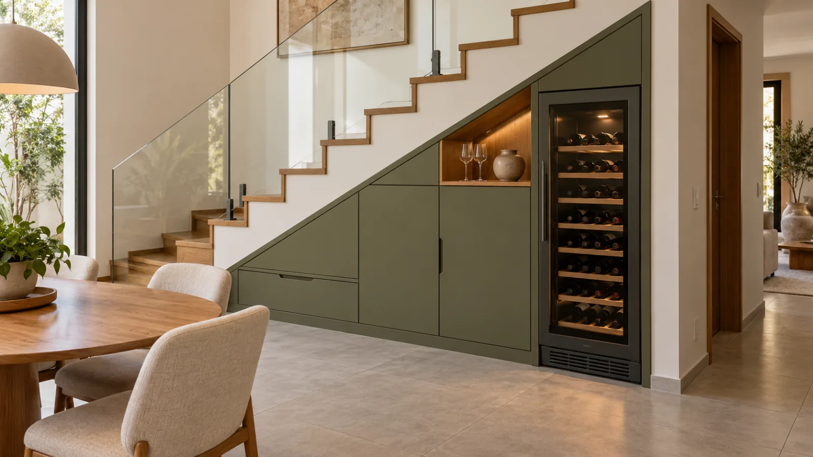 Adega embaixo da escada: 10 ideias para aproveitar o espaço 6 Adega climatizada embutida embaixo da escada, com porta de vidro fumê, ventilação frontal e marcenaria planejada verde-oliva.