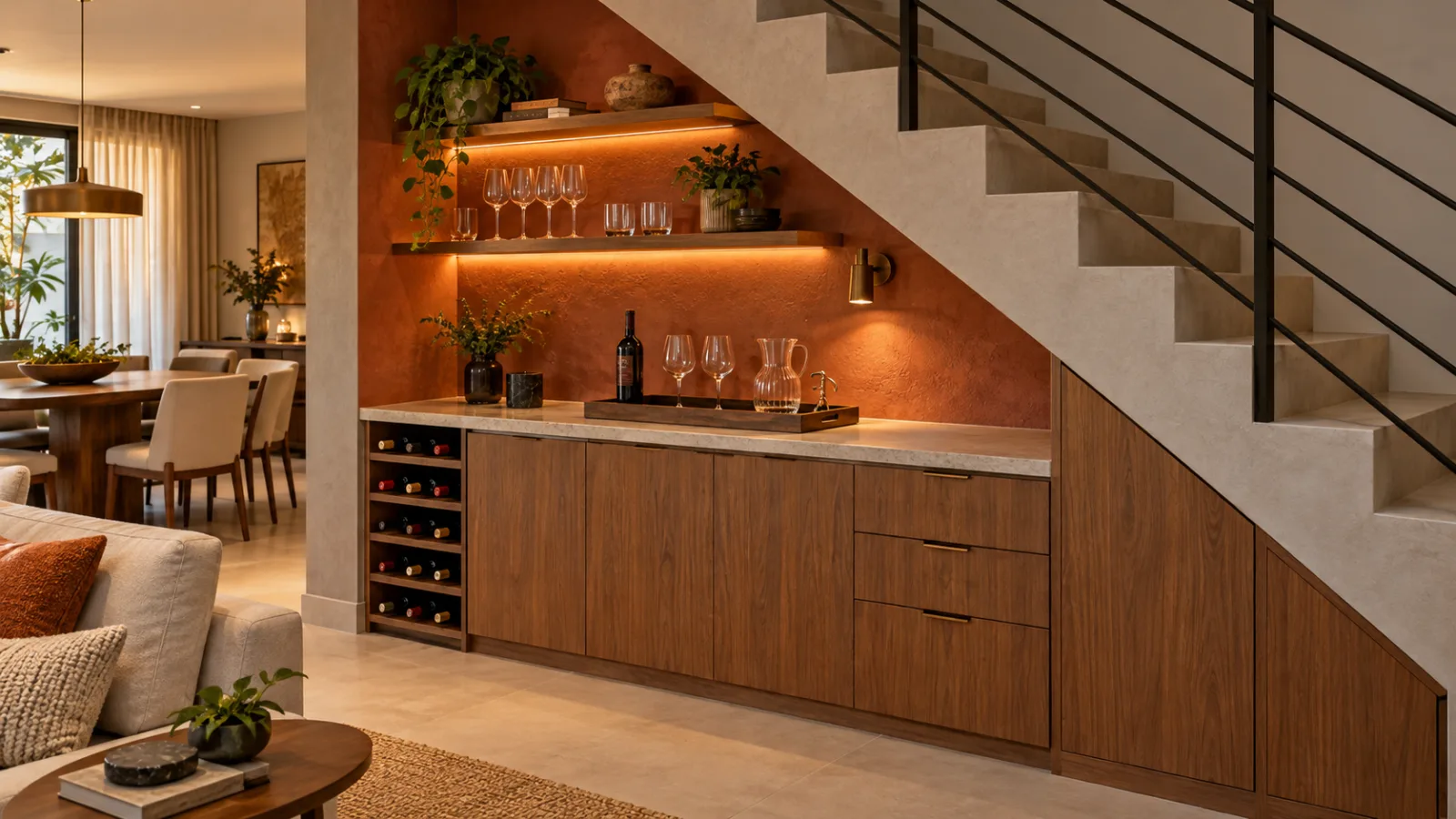 Adega embaixo da escada: 10 ideias para aproveitar o espaço 5 Adega com bar compacto embaixo da escada, com bancada de pedra, parede terracota, nichos para vinhos e prateleiras para taças.