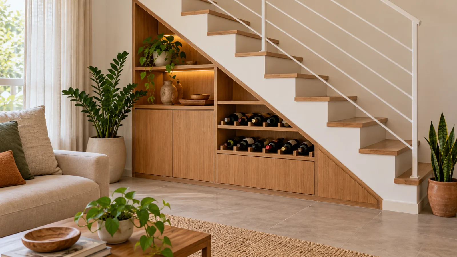 Adega embaixo da escada: 10 ideias para aproveitar o espaço 11 Adega embaixo da escada com marcenaria de madeira clara, nichos para vinhos e decoração com plantas naturais em vasos.