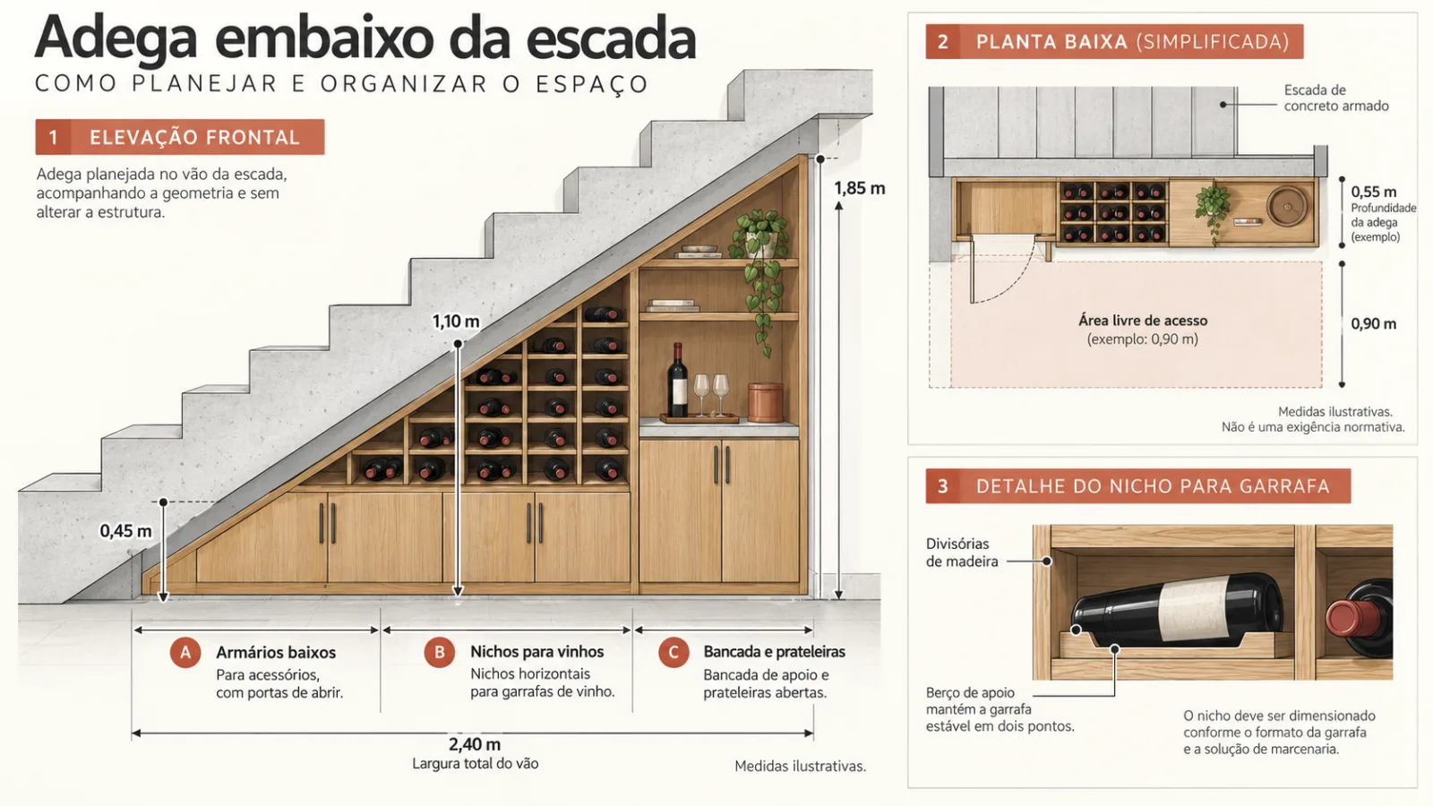 Adega embaixo da escada: 10 ideias para aproveitar o espaço 12 Desenho técnico de adega embaixo da escada com elevação frontal, planta baixa, medidas ilustrativas e distribuição dos módulos para vinhos.