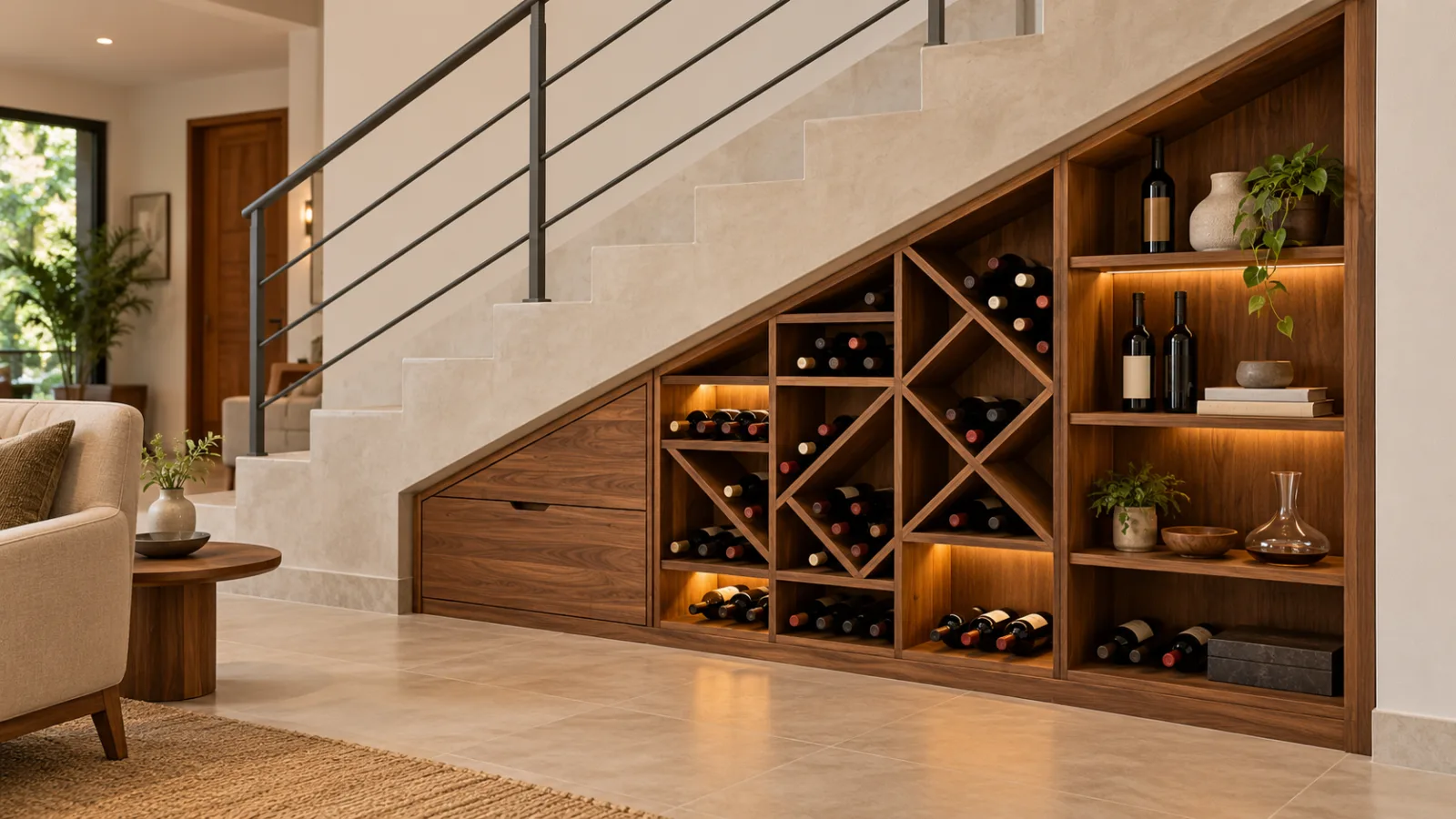Adega embaixo da escada: 10 ideias para aproveitar o espaço 2 Adega planejada de madeira nogueira embaixo de escada de concreto, com nichos geométricos para garrafas de vinho e gavetas inferiores.