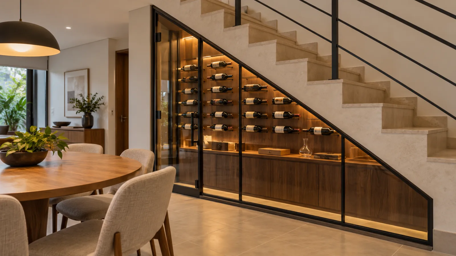 Adega embaixo da escada: 10 ideias para aproveitar o espaço 3 Adega envidraçada embaixo de escada de concreto, com portas de vidro transparente, perfis metálicos pretos e suportes para garrafas de vinho.
