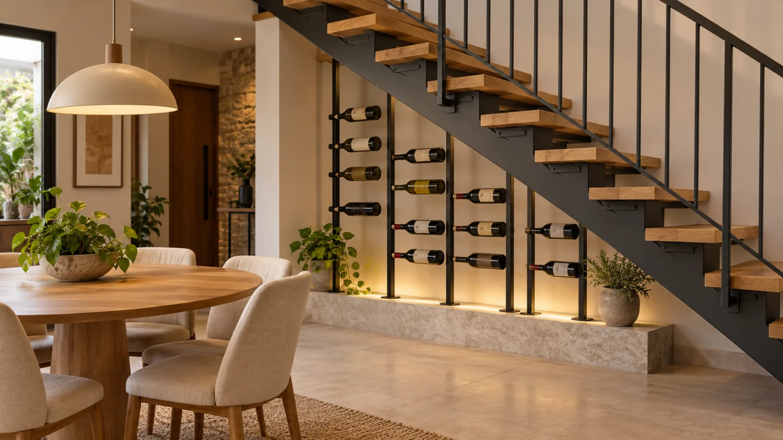 Adega embaixo da escada: 10 ideias para aproveitar o espaço 1 Adega minimalista embaixo de escada vazada de metal e madeira, com suportes verticais para garrafas e sala de jantar integrada.
