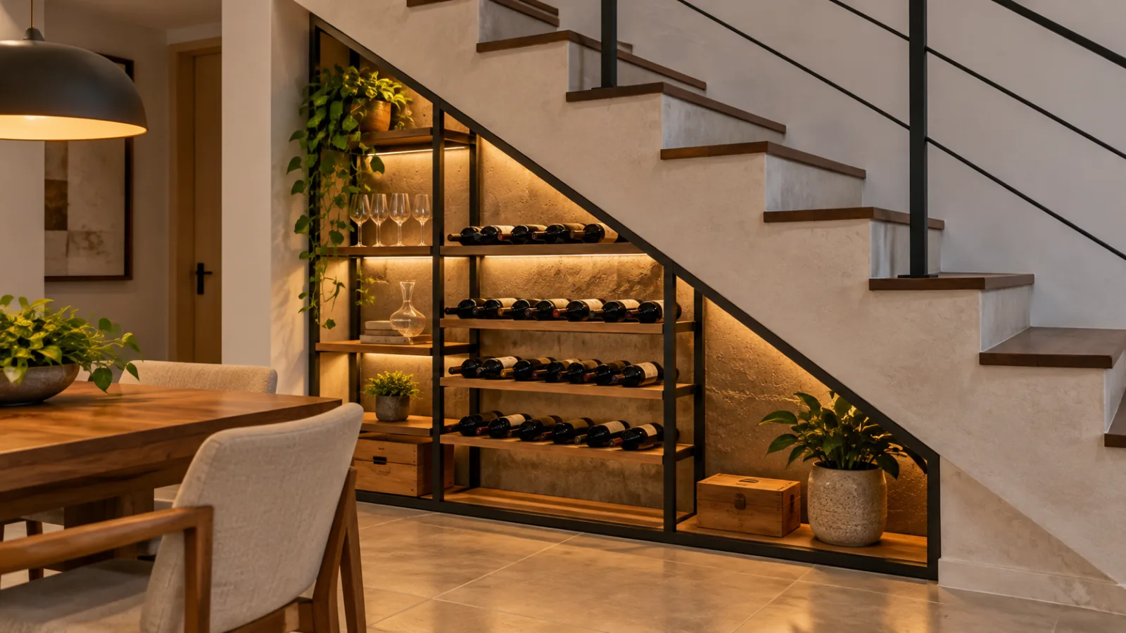 Adega embaixo da escada: 10 ideias para aproveitar o espaço 7 Adega minimalista embaixo da escada com estrutura metálica grafite e suportes horizontais para garrafas de vinho.