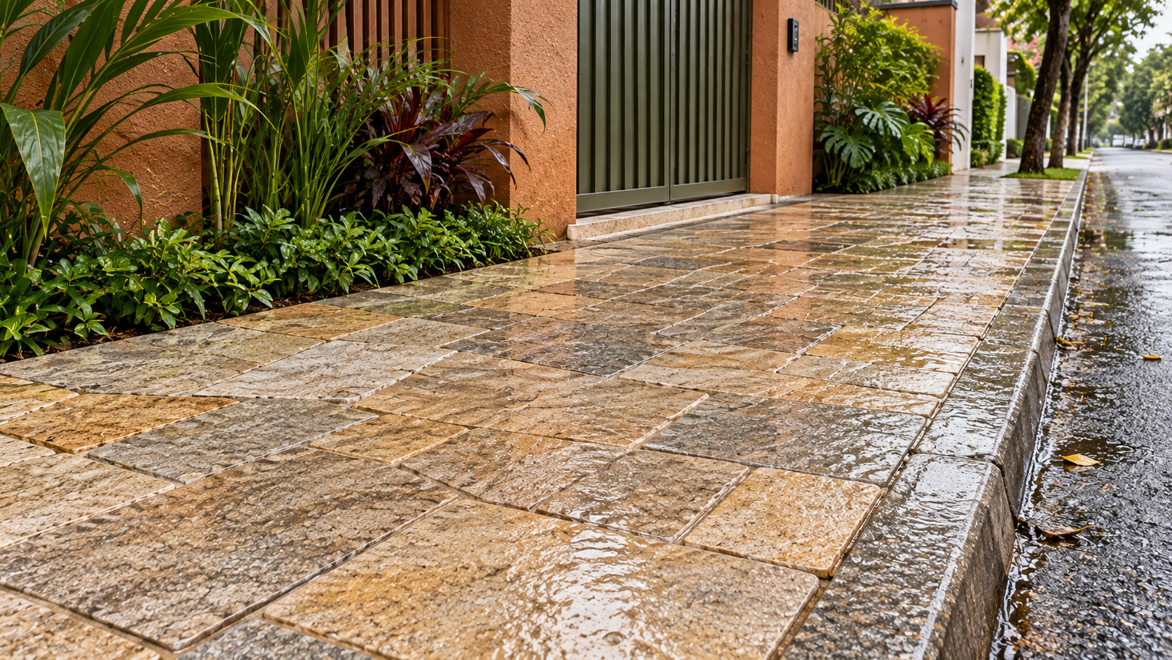 Calçada de pedra natural texturizada após a chuva, com superfície úmida, juntas regulares e água escoando em direção à sarjeta.