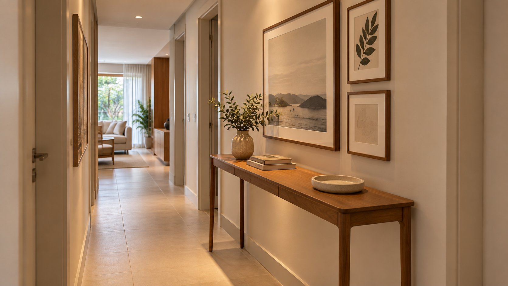 Aparador para corredor: como escolher e 10 ideias para usar 9 Aparador de madeira em corredor residencial com composição de quadros na parede e poucos objetos decorativos sobre o tampo.