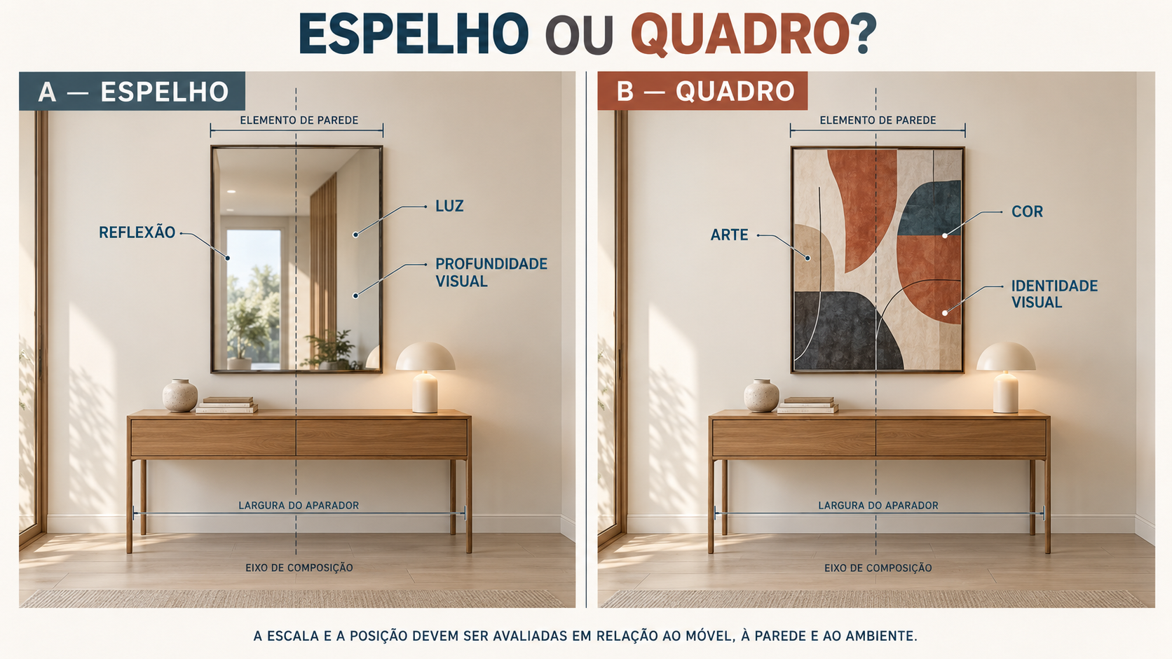 Aparador para corredor: como escolher e 10 ideias para usar 15 Elevação comparativa de aparador de corredor com espelho e com quadro na parede