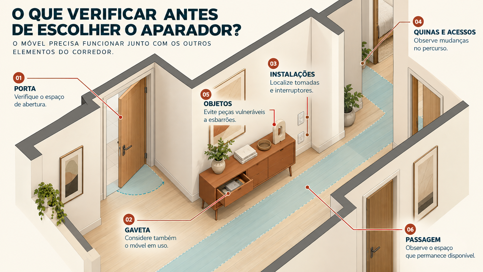Aparador para corredor: como escolher e 10 ideias para usar 5 Infográfico de corredor com aparador mostrando interferências de porta, gaveta, tomada, quina e passagem