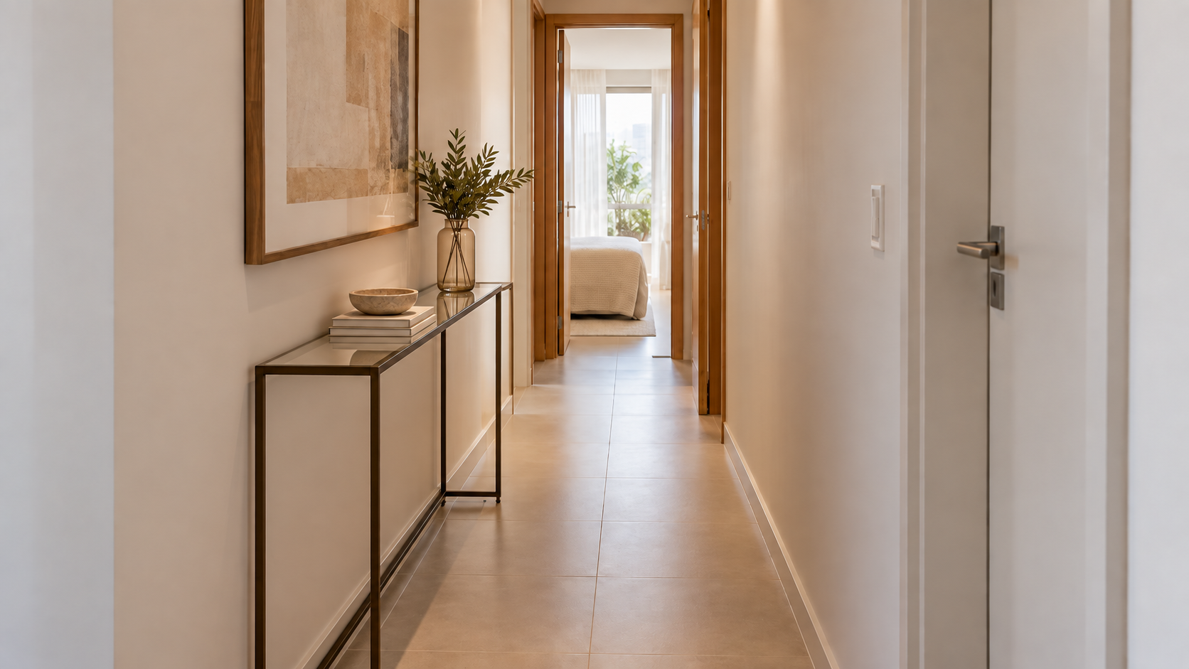 Aparador para corredor: como escolher e 10 ideias para usar 6 Aparador estreito de vidro e metal em corredor residencial compacto, mostrando uma solução de apoio com baixa profundidade e passagem preservada.