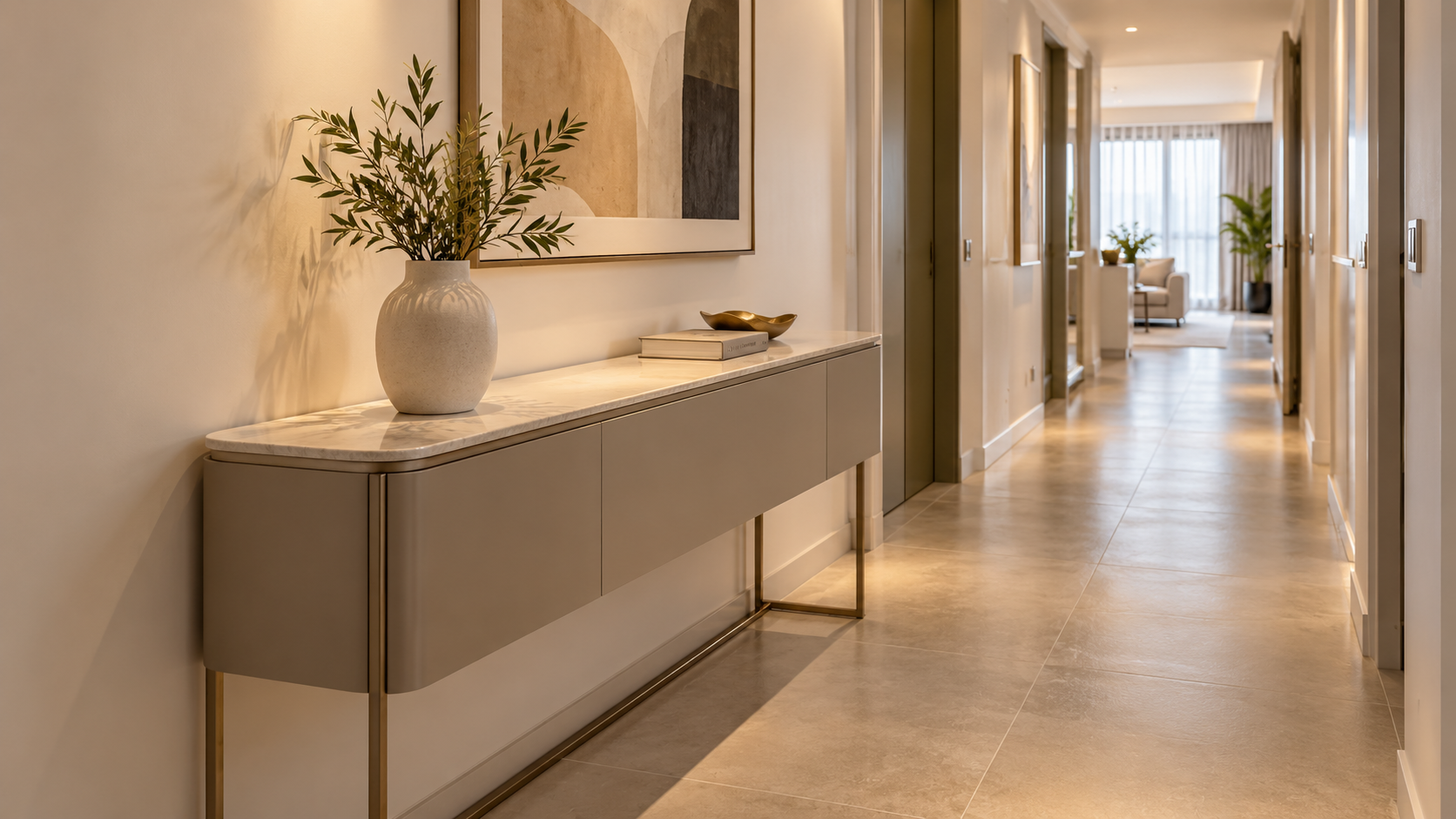 Aparador para corredor: como escolher e 10 ideias para usar 10 Aparador em laca fosca com tampo claro e poucos objetos decorativos em corredor residencial contemporâneo, com composição leve e superfície parcialmente livre.