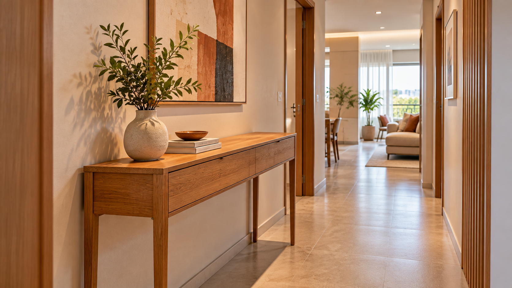 Aparador para corredor: como escolher e 10 ideias para usar 11 Aparador de madeira natural com poucos objetos decorativos em corredor residencial
