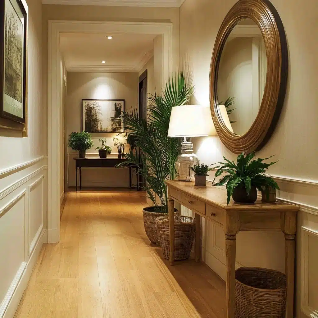 Aparador para corredor: como escolher e 10 ideias para usar 1 Corredor decorado com aparadores estreitos, espelho e plantas
