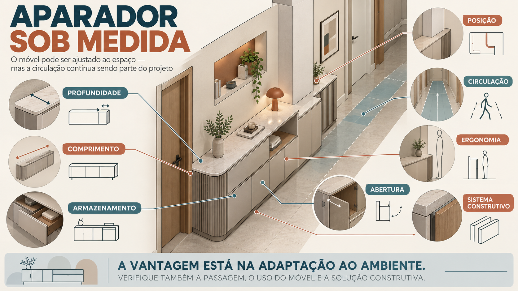 Aparador para corredor: como escolher e 10 ideias para usar 13 Infográfico de aparador sob medida em corredor residencial, mostrando profundidade, comprimento, armazenamento, circulação, ergonomia, abertura e sistema construtivo.