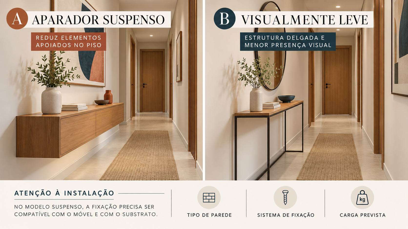 Aparador suspenso ou visualmente leve para corredor Aparador suspenso de madeira e aparador com estrutura delgada em corredor residencial, comparando leveza visual e espaço livre no piso.