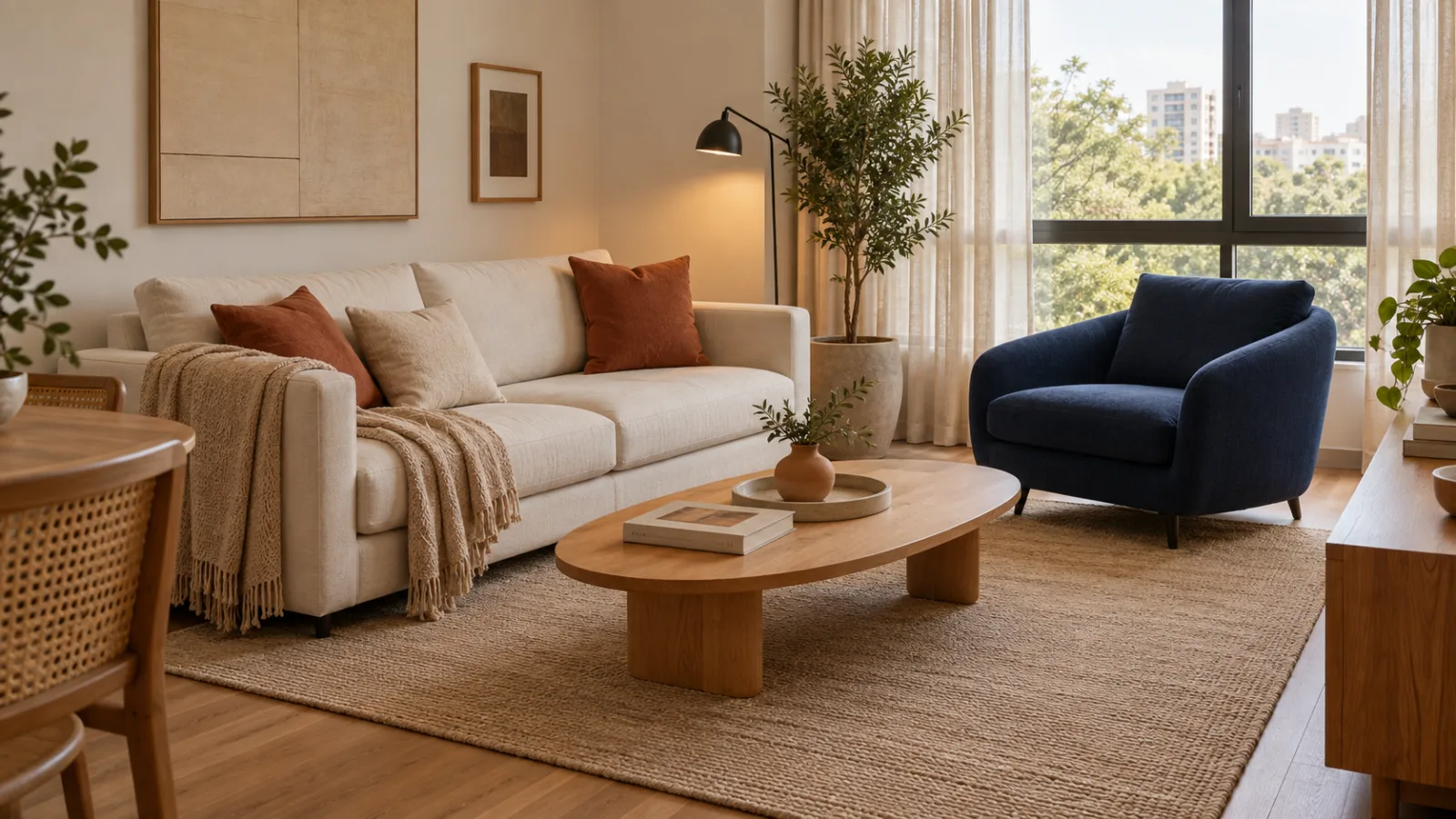 Azul-índigo na decoração: como combinar e usar em cada ambiente 11 Sala com poltrona azul-índigo, sofá off-white, almofadas terracota e mesa de centro em madeira clara