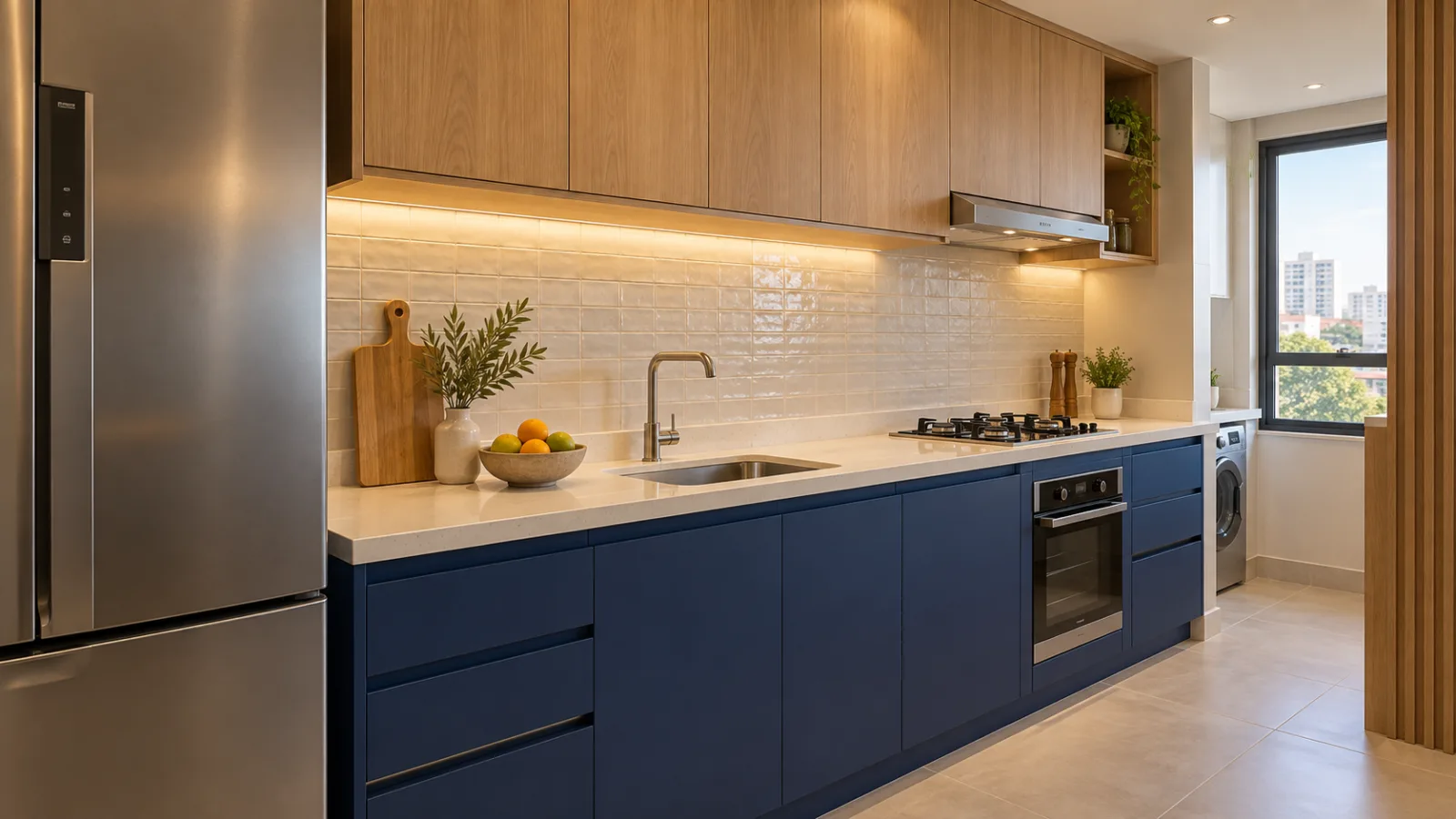 Azul-índigo na decoração: como combinar e usar em cada ambiente 14 Cozinha contemporânea com armários inferiores azul-índigo, bancada de pedra clara, armários superiores de madeira e revestimento off-white