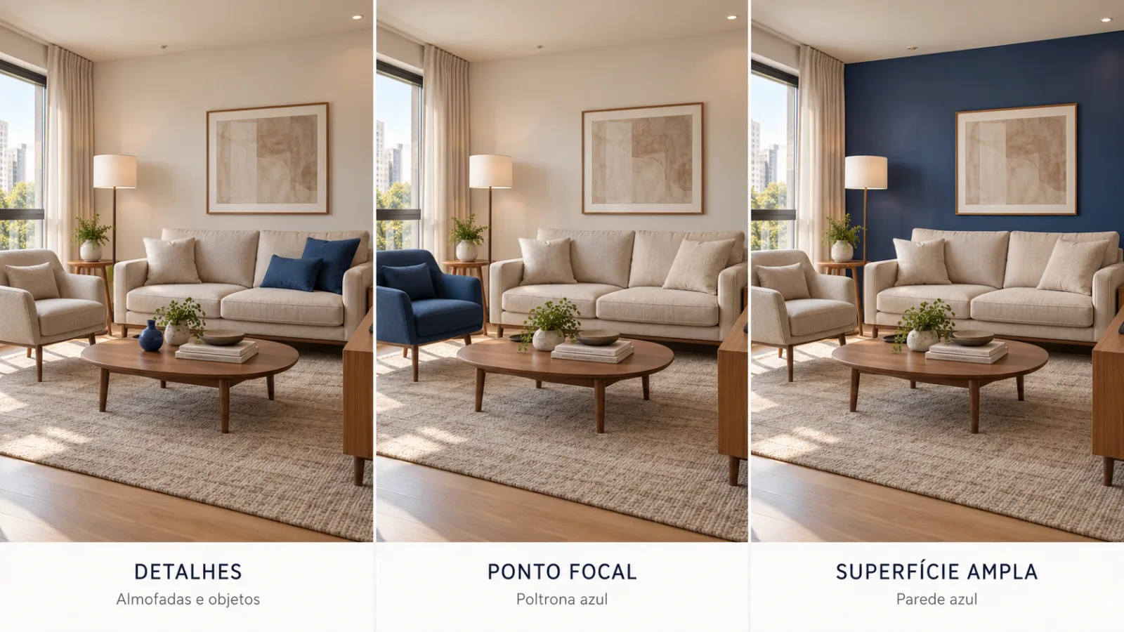 Azul-índigo na decoração: como combinar e usar em cada ambiente 18 Comparação de três salas iguais mostrando azul-índigo em pequenos acessórios, em uma poltrona e em uma parede de destaque