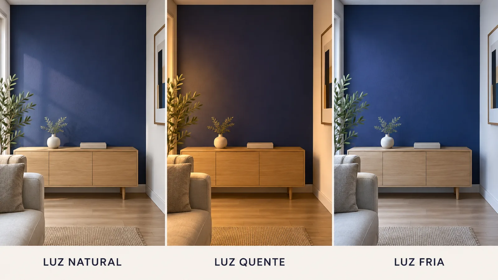 Azul-índigo na decoração: como combinar e usar em cada ambiente 16 Comparação da mesma parede azul-índigo sob luz natural, iluminação quente e iluminação fria