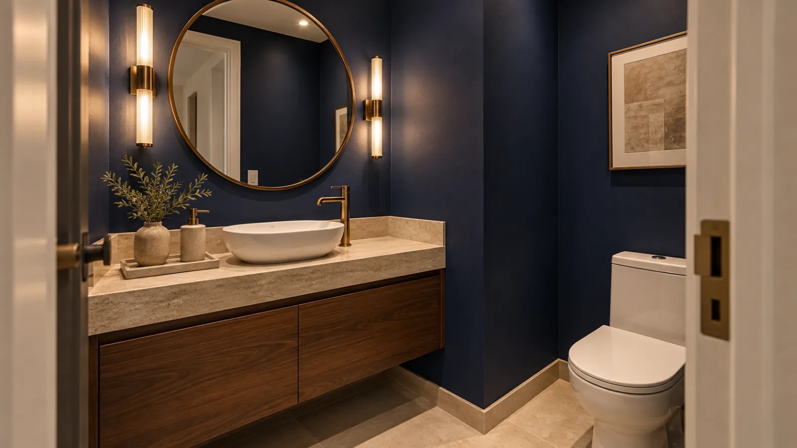 Azul-índigo na decoração: como combinar e usar em cada ambiente 15 Lavabo compacto com paredes azul-índigo, bancada de pedra clara, gabinete de madeira escura e espelho redondo