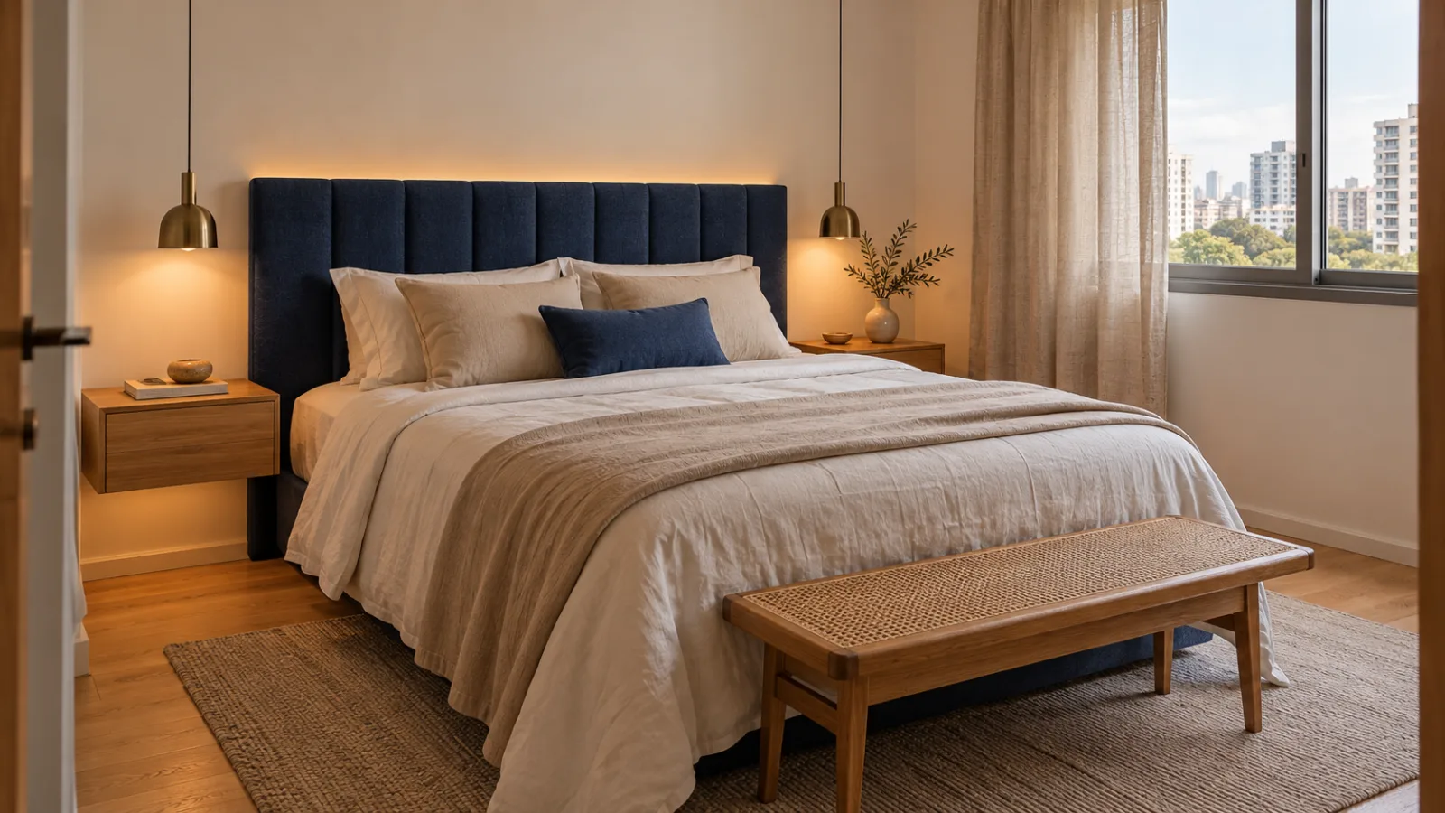 Azul-índigo na decoração: como combinar e usar em cada ambiente 13 Quarto contemporâneo com cabeceira estofada azul-índigo, roupa de cama clara, móveis de madeira natural e iluminação indireta