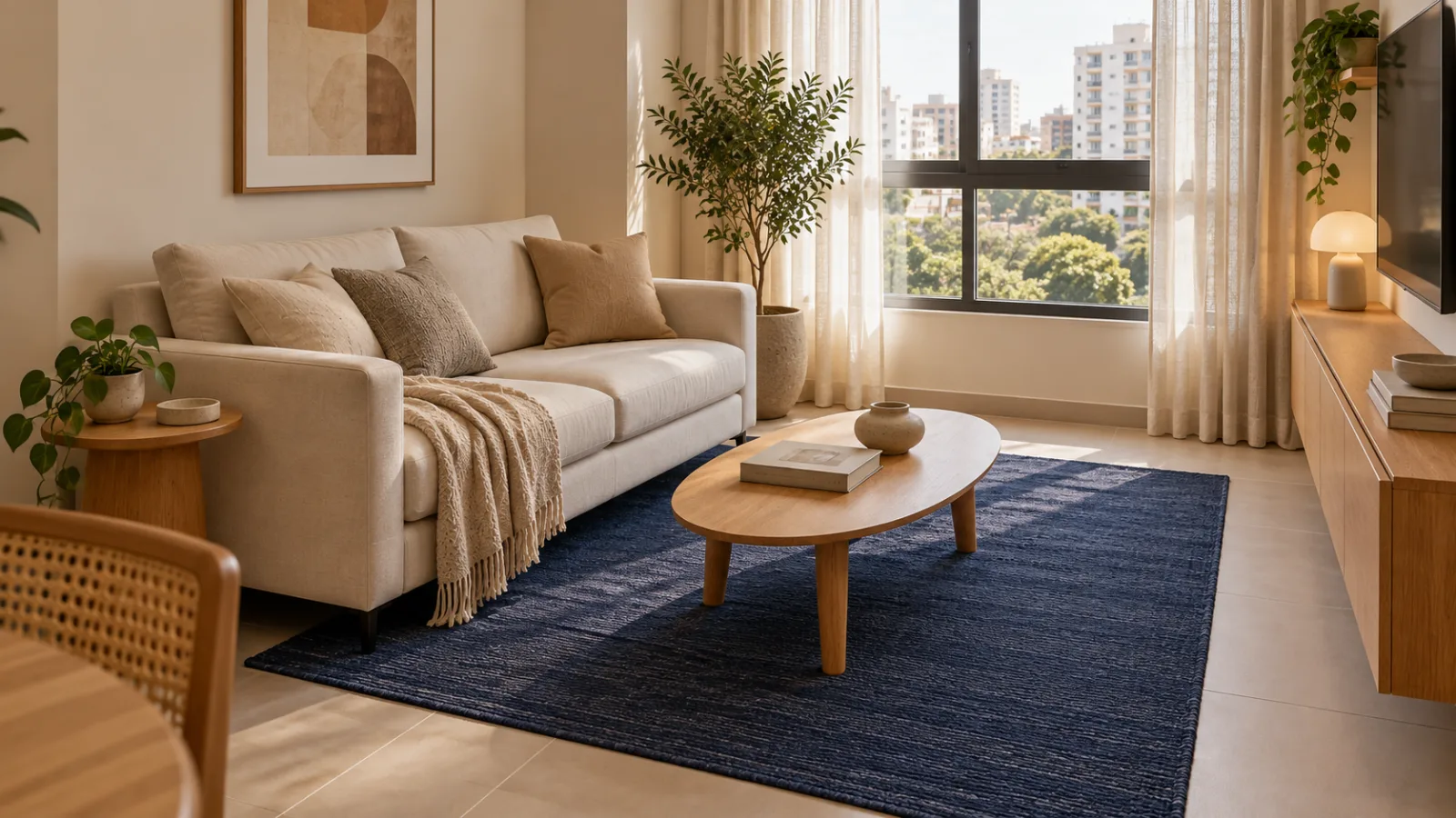 Azul-índigo na decoração: como combinar e usar em cada ambiente 12 Sala pequena com sofá bege, tapete azul-índigo, mesa de centro em madeira clara e paredes brancas