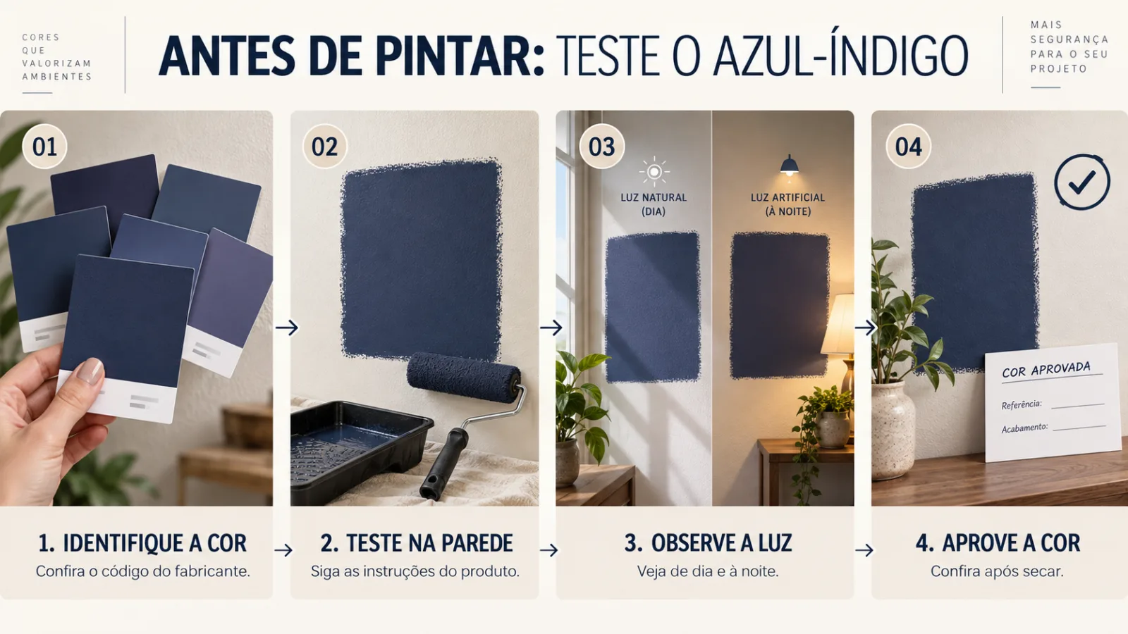 Azul-índigo na decoração: como combinar e usar em cada ambiente 17 Como testar tinta azul-índigo antes de pintar