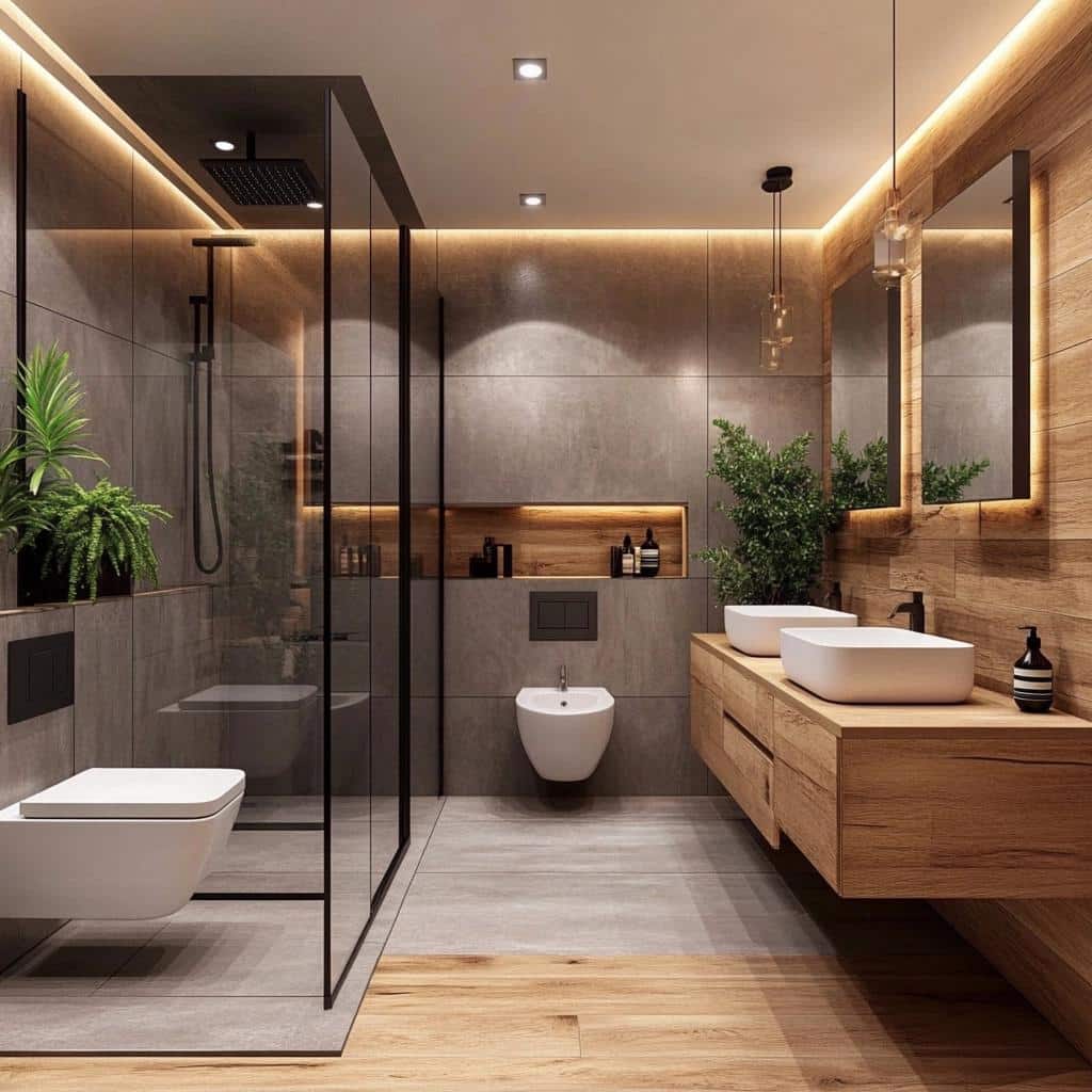 Banheiro com Porcelanato de Madeira: 4 ideias de Elegância e Conforto 4 Banheiro com Porcelanato de Madeira: 4 ideias de Elegância e Conforto