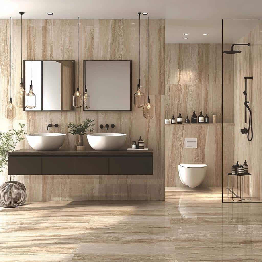 Banheiro com Porcelanato de Madeira: 4 ideias de Elegância e Conforto 2 Banheiro com Porcelanato de Madeira: 4 ideias de Elegância e Conforto
