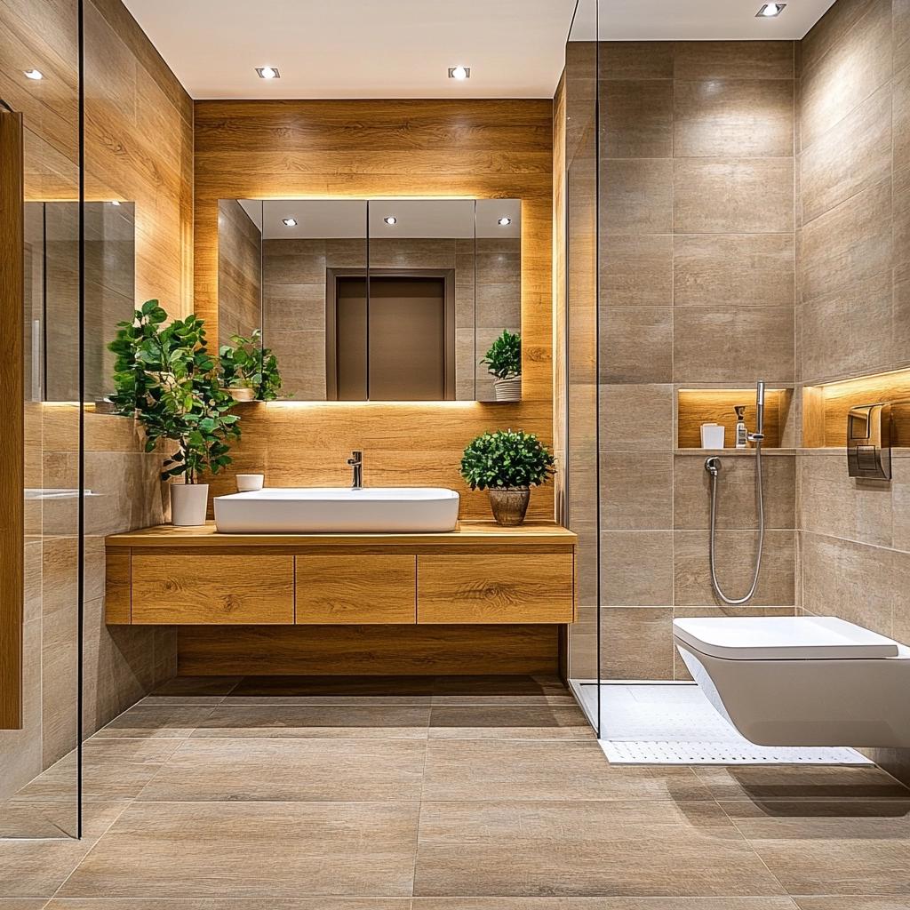 Banheiro com Porcelanato de Madeira: 4 ideias de Elegância e Conforto 1 Banheiro com Porcelanato de Madeira: 4 ideias de Elegância e Conforto