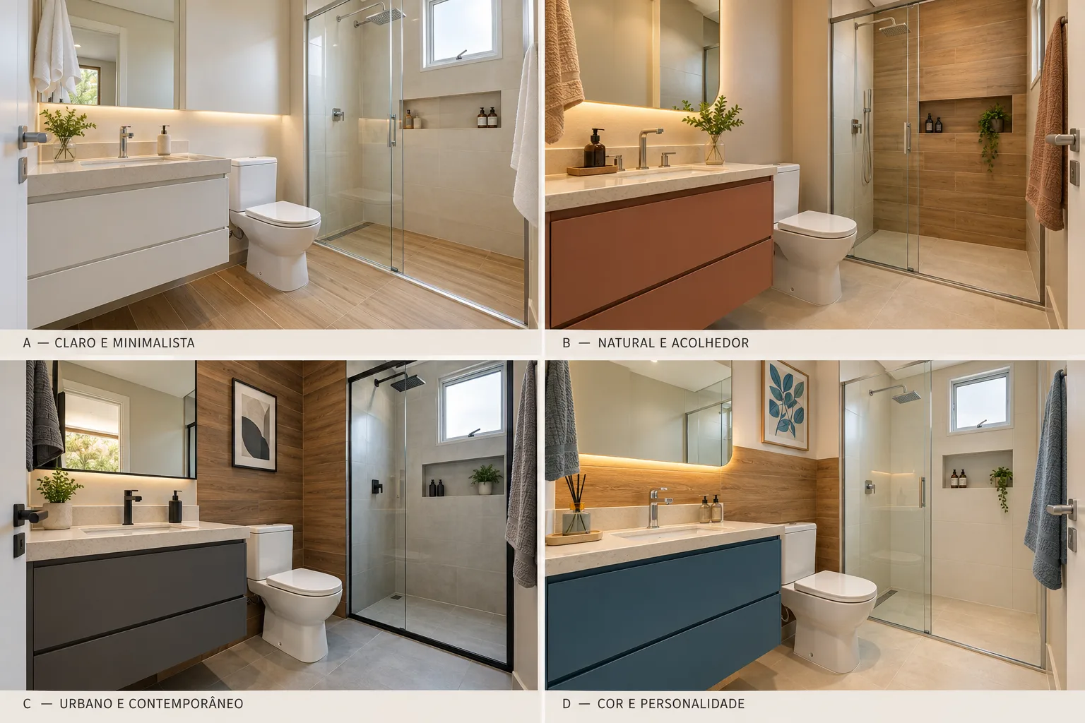 Banheiro com porcelanato de madeira: onde usar e como combinar 16 Quatro estilos de banheiro com porcelanato amadeirado, incluindo composições claras, naturais, contemporâneas e contrastantes