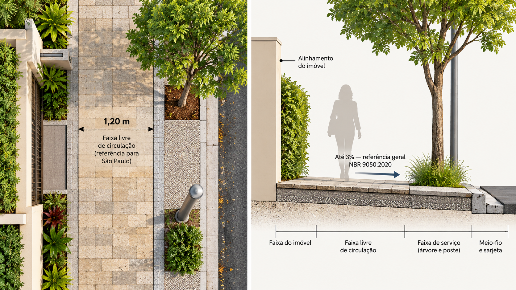 Diagrama de calçada com faixa livre de circulação, faixa de serviço com árvore e corte ilustrando a inclinação transversal do piso.