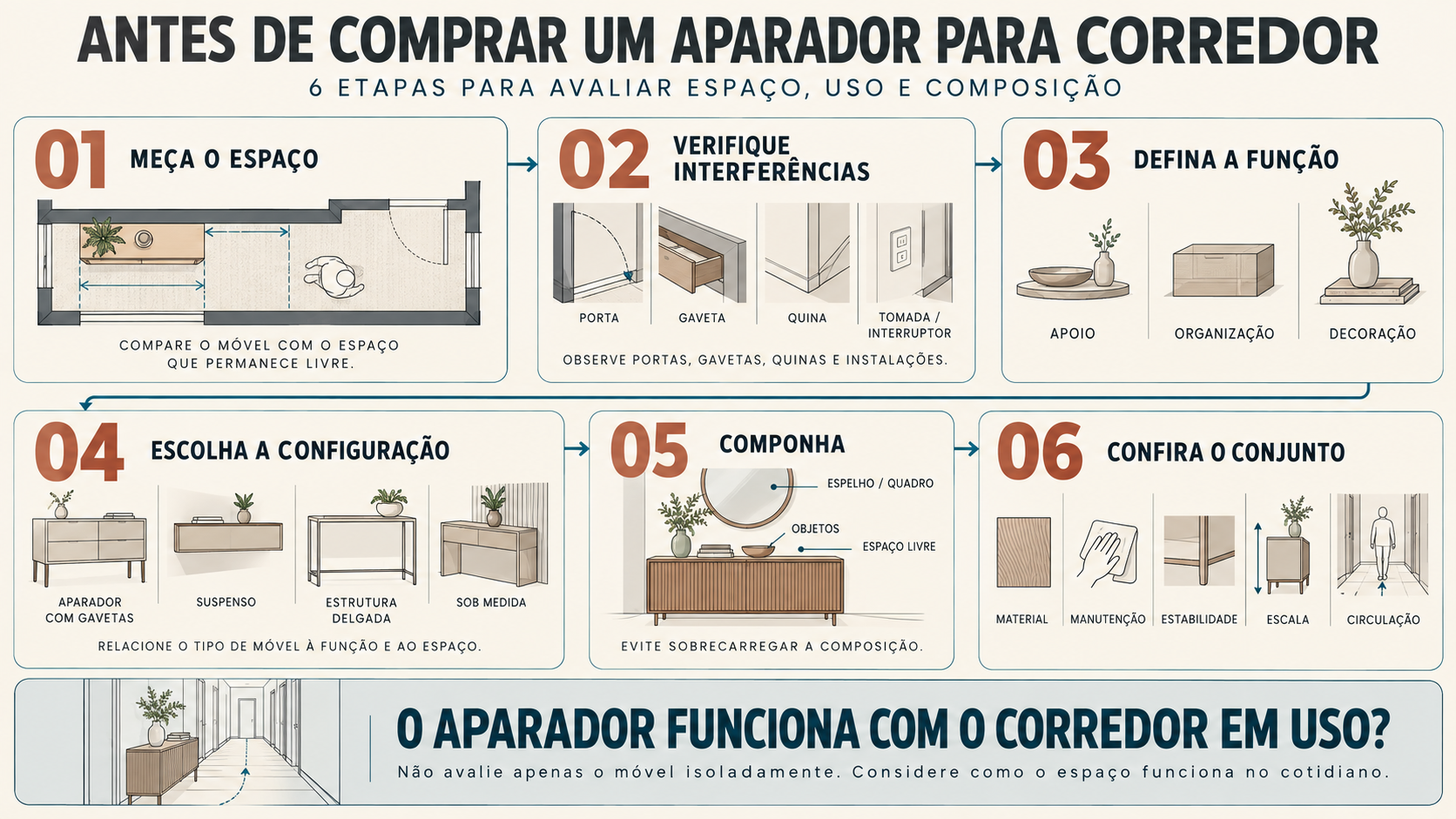 Aparador para corredor: como escolher e 10 ideias para usar 18 Checklist visual com etapas para escolher um aparador adequado ao espaço e ao uso do corredor