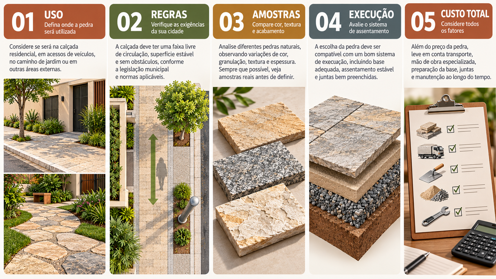 Infográfico com cinco etapas para escolher pedra para calçada: uso, regras, amostras, instalação e custo total.