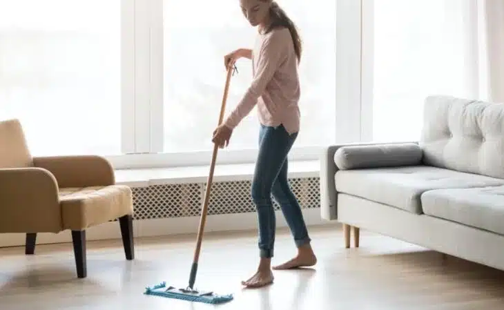 Como Limpar Piso Laminado: Dicas e Tutoriais Práticos 4 Foto de uma técnica de limpeza do piso laminado com instruções visuais.