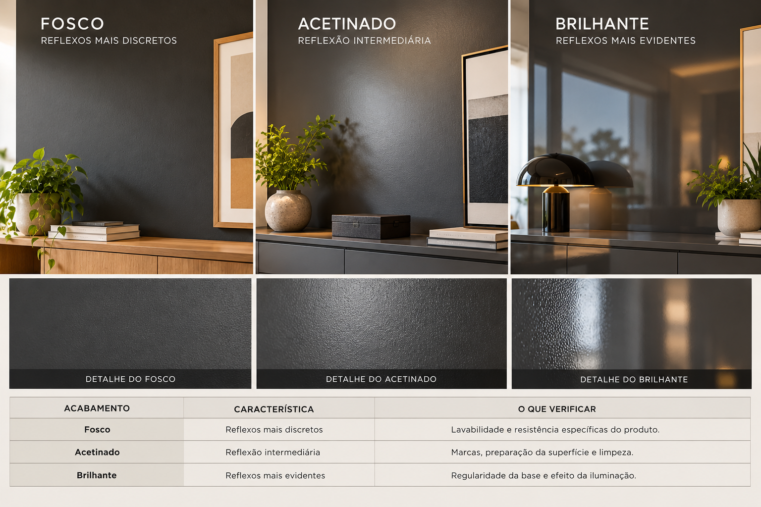 Comparação entre acabamentos grafite fosco, acetinado e brilhante, mostrando diferenças de textura e reflexão da luz.