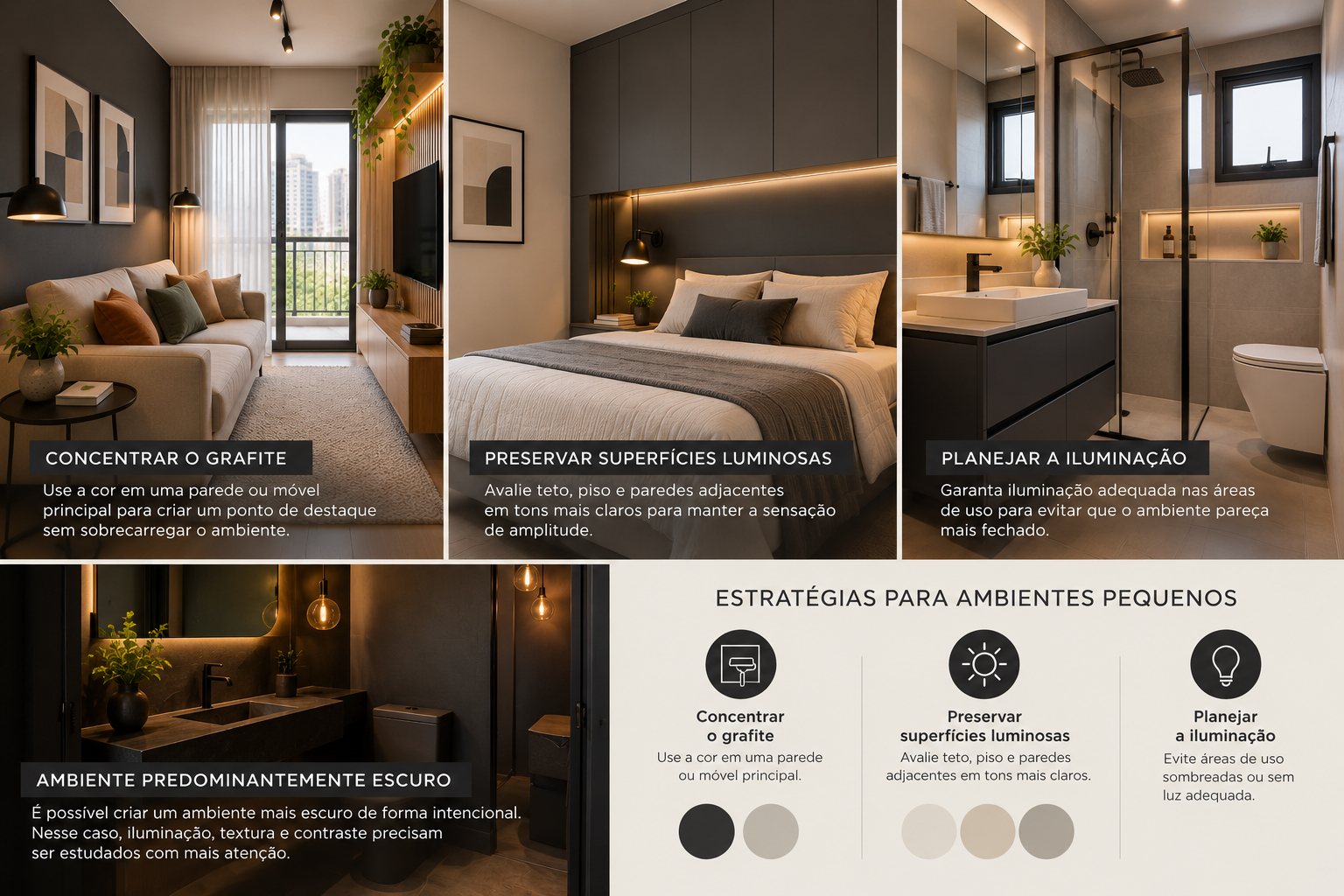 Infográfico sobre o uso da cor grafite em ambientes pequenos, com exemplos de paredes escuras, superfícies claras e iluminação planejada.