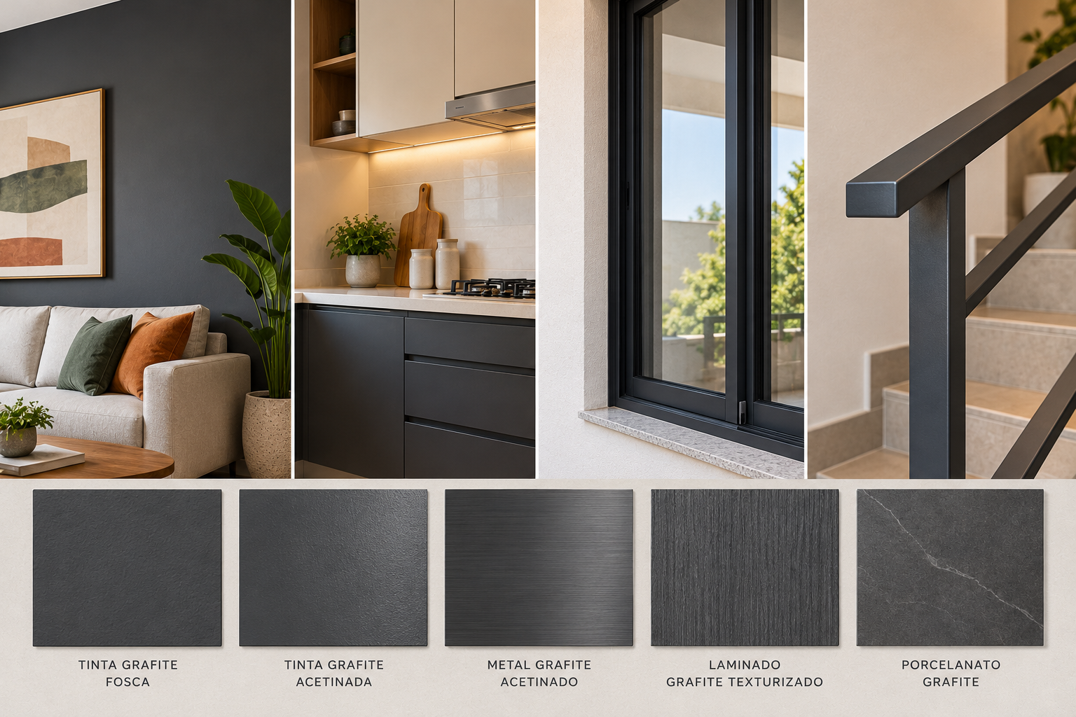 Comparação da cor grafite em pintura fosca, pintura acetinada, metal, laminado texturizado e porcelanato.