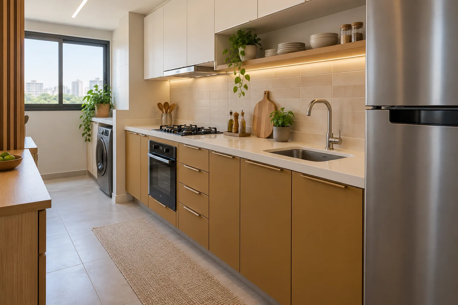 Cor ocre na decoração: como combinar e usar em cada ambiente 7 Quatro paletas de decoração com cor ocre combinada com bege, azul-petróleo, verde-oliva e cinza.