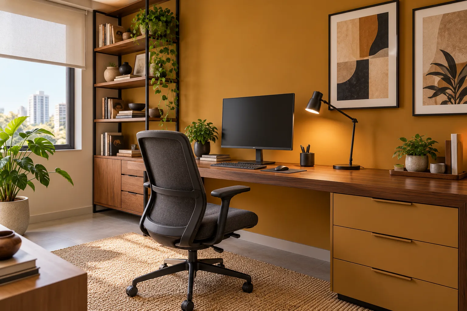 Cor ocre na decoração: como combinar e usar em cada ambiente 8 Home office contemporâneo com parede ocre suave, bancada de madeira escura, cadeira ergonômica e luminária preta.