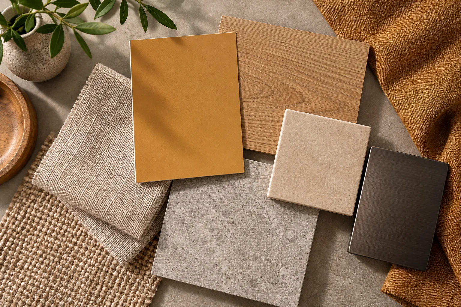 Cor ocre na decoração: como combinar e usar em cada ambiente 10 Moodboard de decoração com amostra de tinta ocre, madeira clara, pedra, cerâmica, linho e metal grafite.